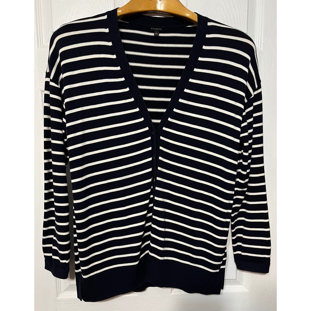 Talbots Womens Navy White‎ Striped V Neck Cardigan Sweater Size L